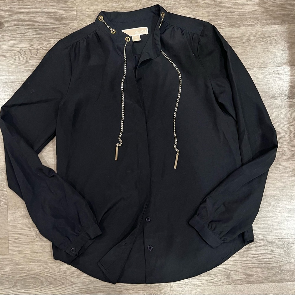 Michael Kors Navy Long Sleeve Blouse with Gold Chain